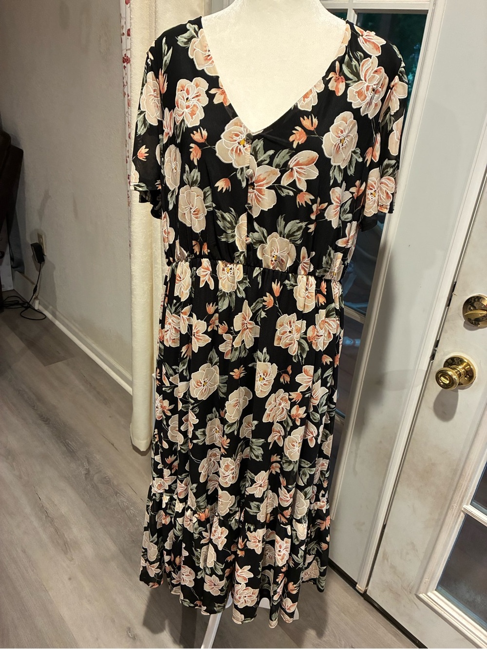 Siren Lily Black Midi Dress with Peach & Cream Floral Print